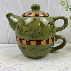 2002 Olivia Green Floral Design Stackable Teapot With Cup Stoneware 8 Oz